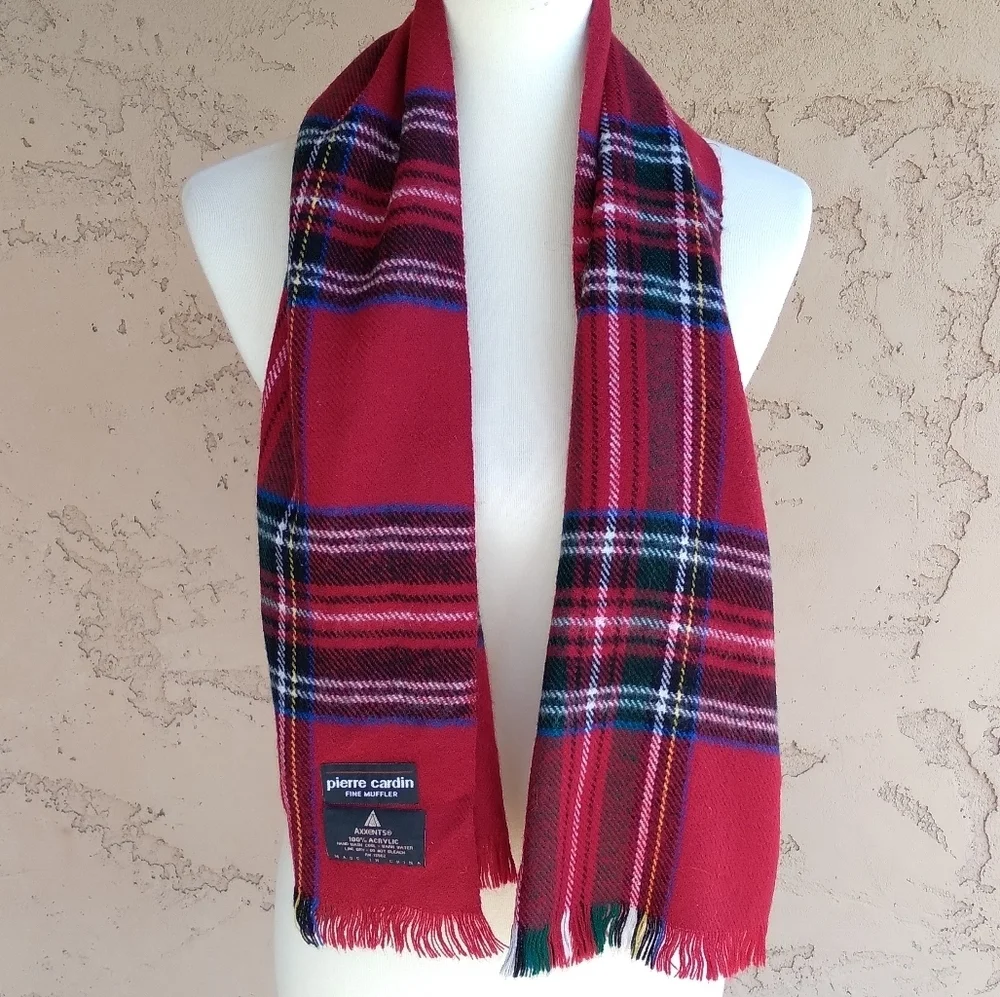 Pierre Cardin 80's Red Tartan‎ Muffler Scarf